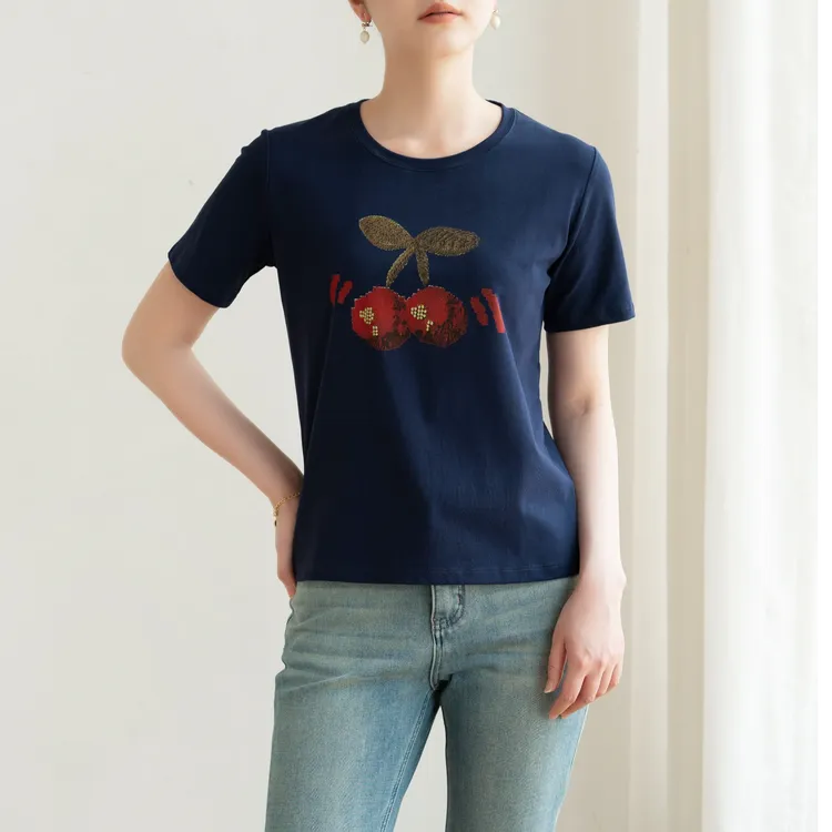 2025新款ins短袖t恤女蓝色大樱桃印花夏季显瘦百搭休闲圆领YT-1