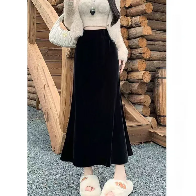 【加绒加厚】【两个裙长】丝绒半身裙女秋冬新款女显瘦a字鱼尾裙