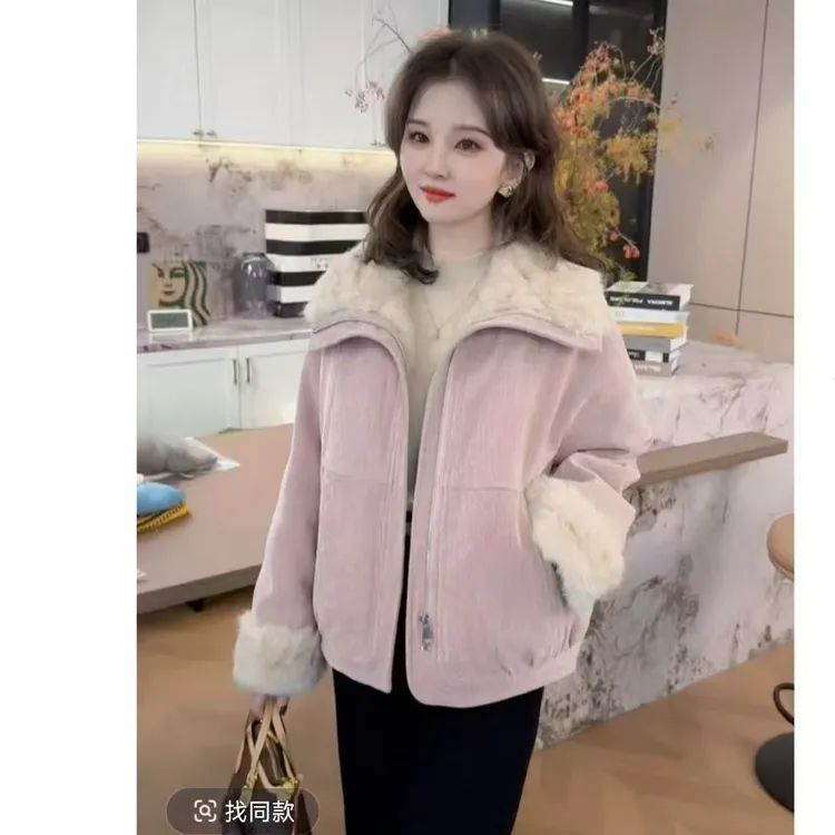 大码翻领外套女冬装新款韩版宽松显瘦加绒加厚夹克保暖派克服上衣
