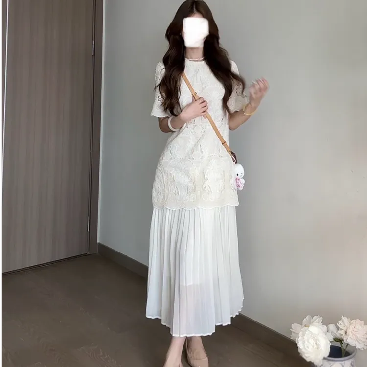 【现货】法式重工镂空钩花连衣裙夏季百褶显瘦裙子气质长裙AM25059