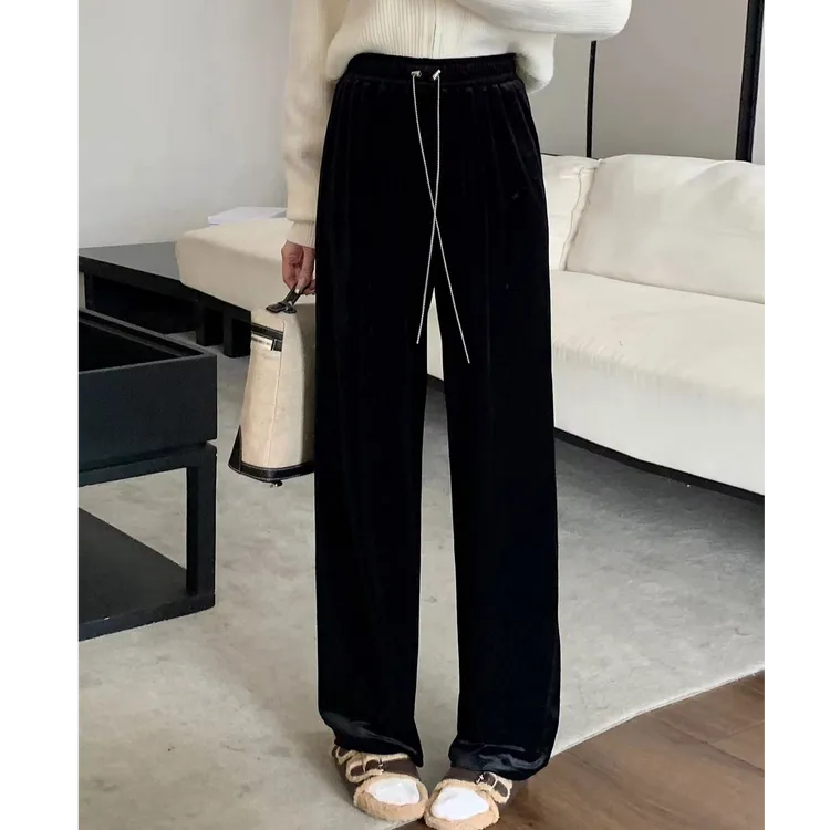 3722（丹姐家）大码丝绒阔腿裤秋季松紧腰休闲裤胖MM显瘦拖地长裤子