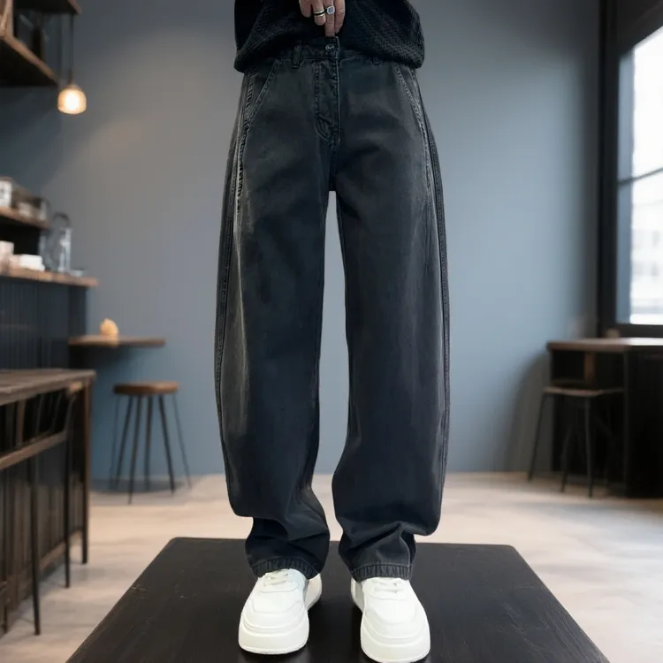 梁叔-冬季美式街头潮酷结构直筒牛仔裤抓绒保暖弯刀裤男裤26303
