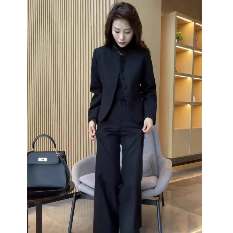 大码高级感休闲西服套装女2026秋冬时尚显瘦毛呢外套阔腿裤两件套商品图
