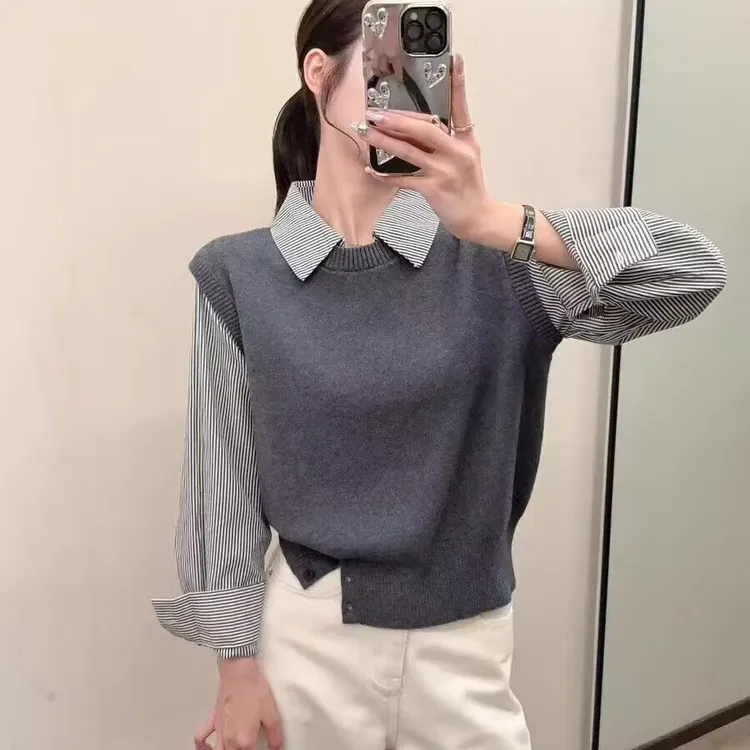 春秋拼接条纹衬衫袖毛衣翻领针织衫女早秋季宽松设计感假两件上衣