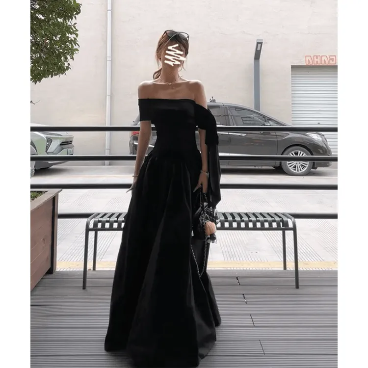 法式高级感一字领飘带收腰显瘦中长款褶皱裙子2025夏季新款连衣裙