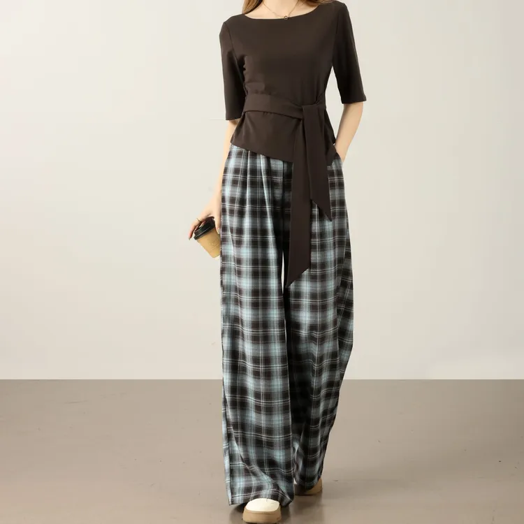 燕苹新秋款气质收腰修身显瘦系带上衣弹力腰休闲格子裤套装CX2565