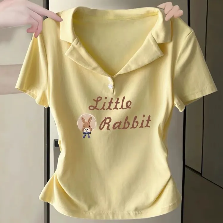 设计感百搭显瘦小众正肩T恤女夏季Polo领小个子短袖印花辣妹上衣