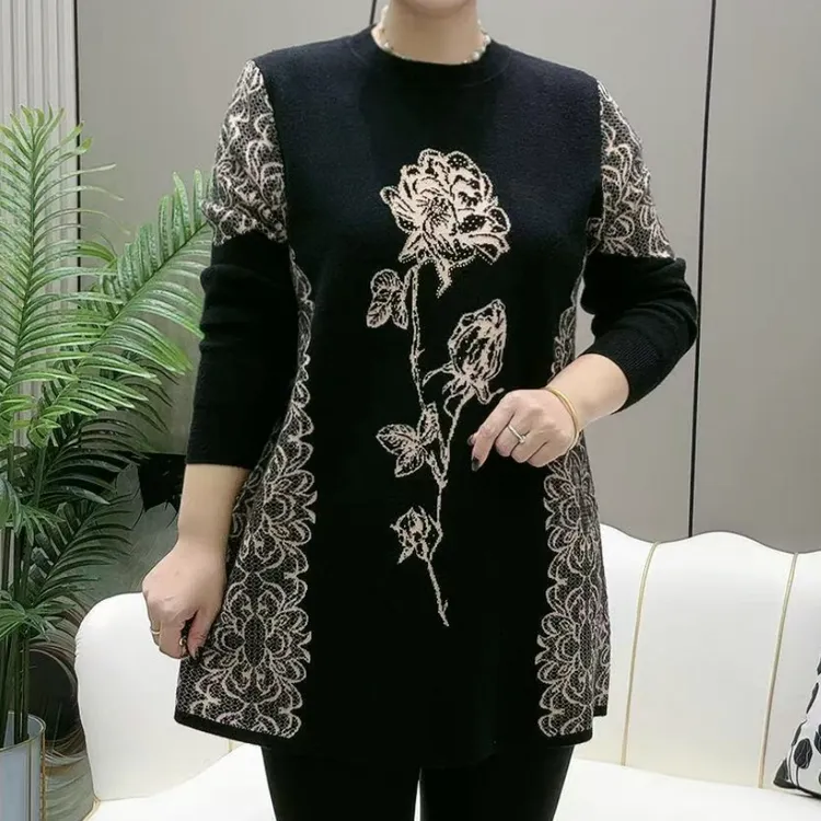 高级减龄休闲潮流中长款秋季时尚圆领针织中长款中老年妈妈装毛衣