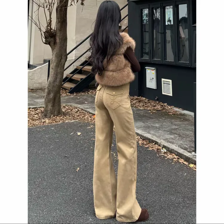 卡其色微喇牛仔裤女秋冬新款宽松显瘦小个子高腰百搭不贴腿筒喇裤