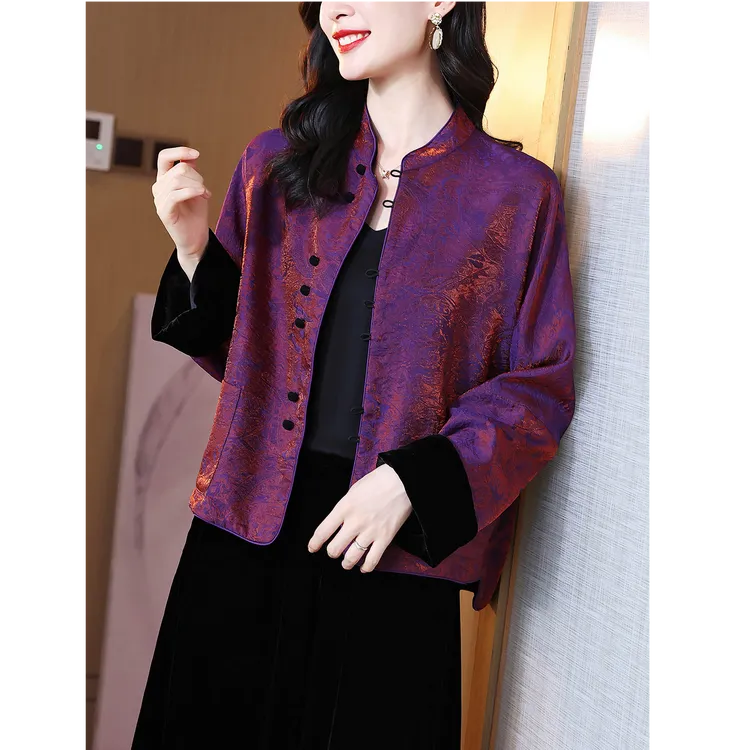 双面穿真丝丝绒短外套女秋立领宽松气质时尚百搭新中式中国风唐装