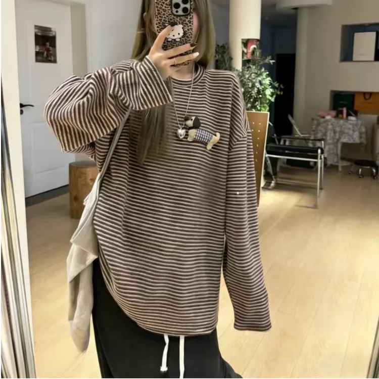 2025新款冬季韩版针织磨毛长袖条纹毛针织衫外穿加厚保暖百搭5095