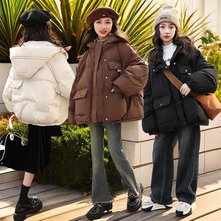 新国标羽绒服三色宽松多袋盖设计羽绒服中大女童冬季白鸭绒羽绒服