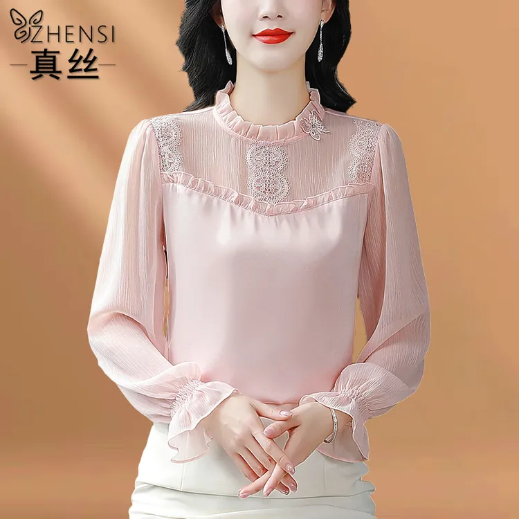 杭州大牌真丝衬衫女士荷叶领蕾丝长袖小衫2025秋季新款桑蚕丝上衣