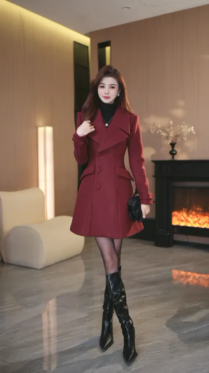 罗曼定制 原创设计红色大衣外套连衣裙女短款厚款西装领收腰冬