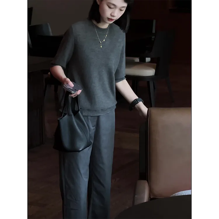 韩版2025小个子夏季ootd显瘦气质穿搭针织短袖上衣洋气休闲裤套装