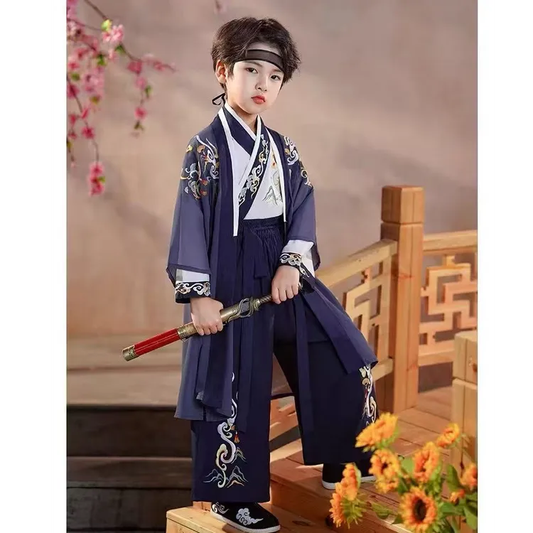 (侠客行)汉服男童三件套满绣重工裤子款武侠国风学生交领薄款酷帅