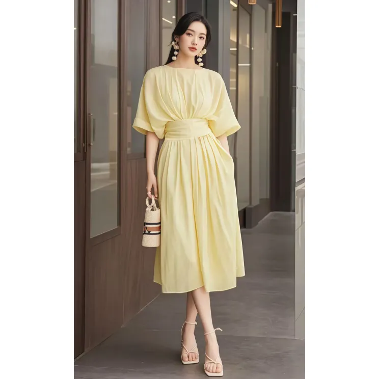 2024超火夏季新款轻奢气质名媛高端女神范高级感黄色连衣裙子女装