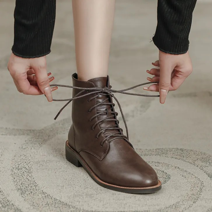 谁穿谁爱~复古圆头粗跟系带马丁靴秋冬后拉链低跟短靴平底单靴女