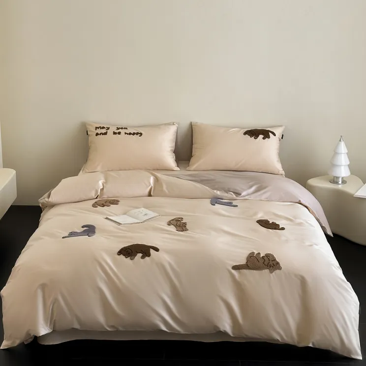 卡通风100支贡缎长绒棉全棉四件套猫咪刺绣纯棉床单被套床上用品