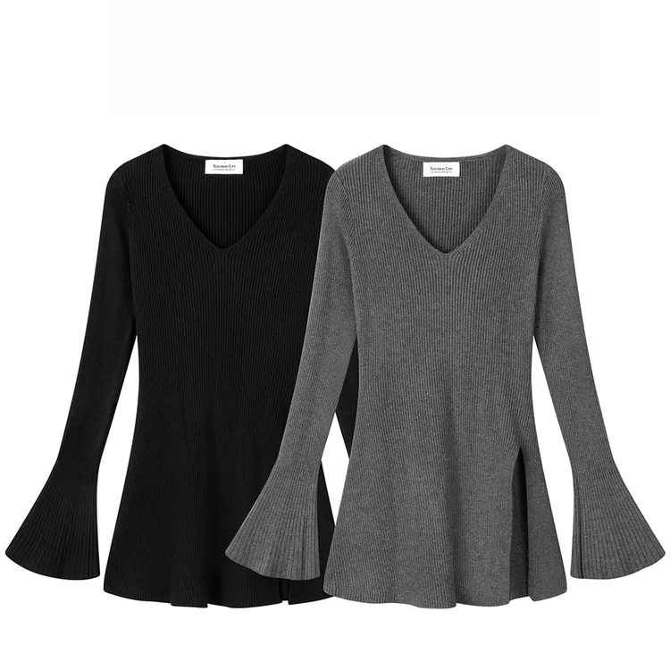 法式轻熟风修身显瘦纯欲V领针织衫喇叭袖开叉内搭不规则上衣I1-92