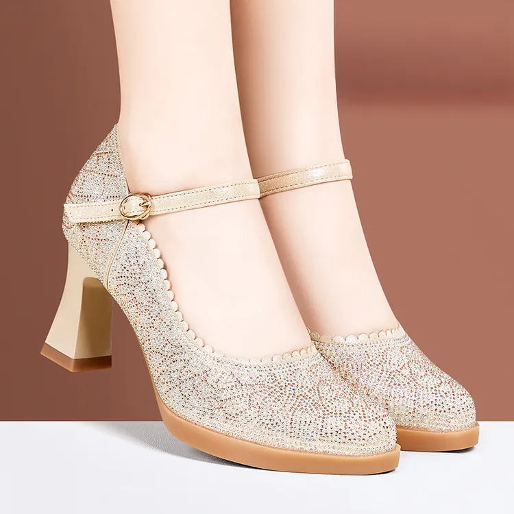 旗袍走秀高跟鞋一字扣金色婚鞋粗跟舒适软底百搭不累脚单鞋丈母娘