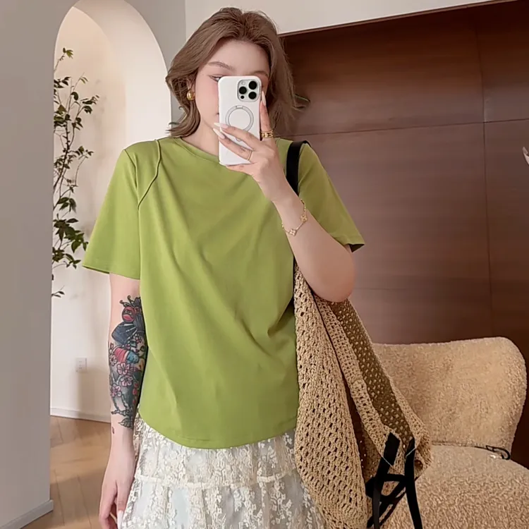 【瘦瘦】夏季纯色大码双肩线侧边褶皱正肩收腰显瘦短袖T恤S01357