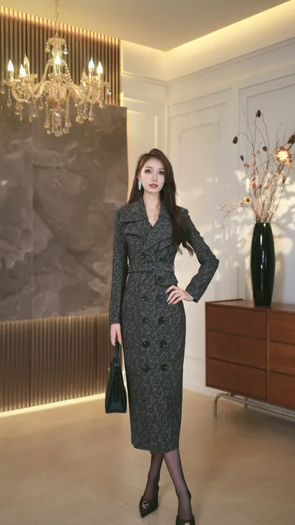 罗曼定制  原创设计双排扣修身连衣裙西装领轻奢设计师时尚高腰