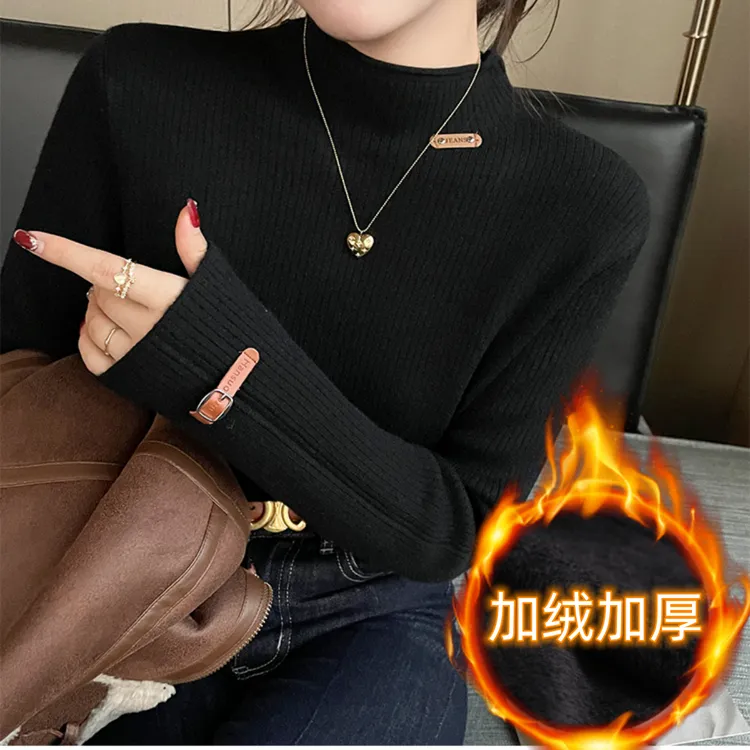 2318特大码加绒加厚毛衣半高领打底秋冬一体绒保暖上衣女