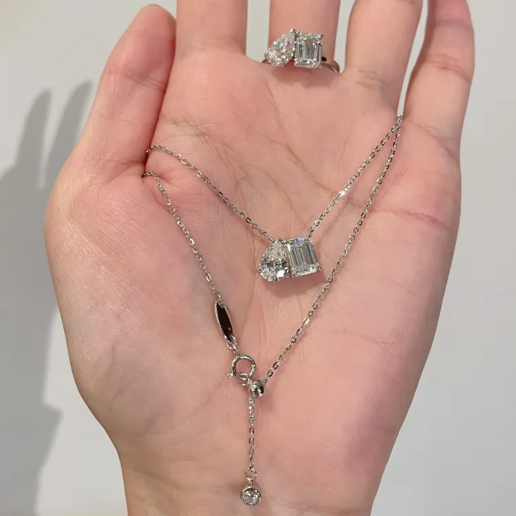 坠链均925银合成锆石 高定白金色水滴方钻套装