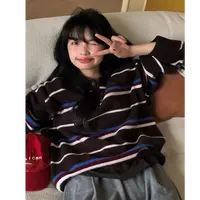 法式艺术范羊毛混纺秋新款长袖polo领休闲撞色条纹针织衫复古毛衣