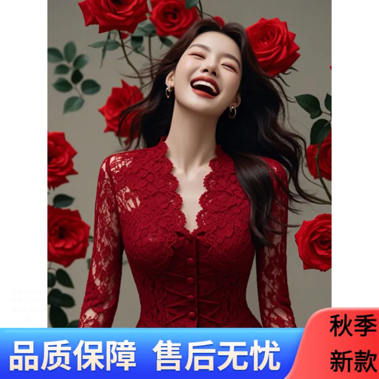 红色蕾丝收腰内搭衬衫轻奢高级感时尚洋气领上衣2025新款春秋女