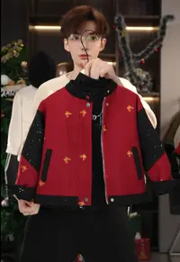 红色亮闪蝴蝶拼接毛呢2025新款男女童立领夹绒毛呢外套韩版外套