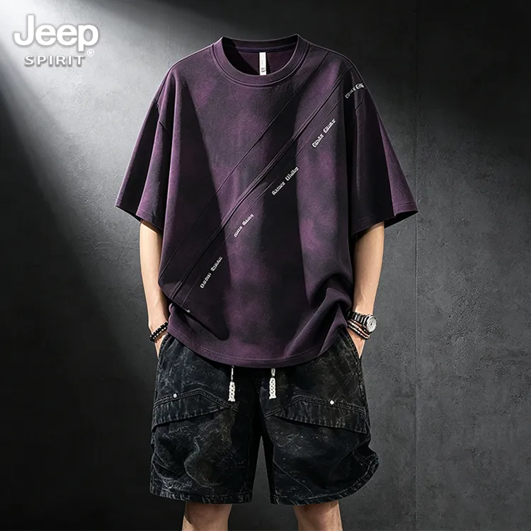 JEEPSPIRIT吉普男士扎染套装夏季新款美式复古印花拼接时尚两件套