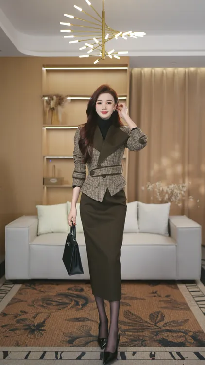 罗曼定制 高定原创冬季咖色格纹复古翻领上衣+包臀裙套装女