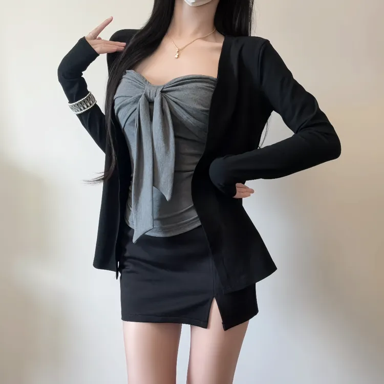 iqcq气球熊纯欲辣妹风灰色蝴蝶结绑带抹胸上衣黑色显瘦修身包臀裙