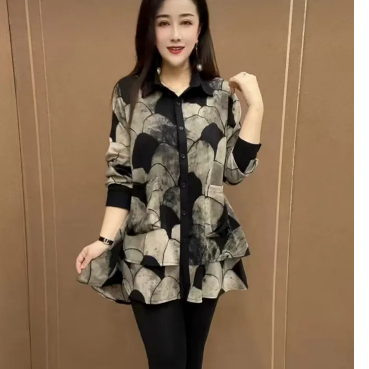 春秋新款女士减龄气质长袖开衫上衣中长款洋气妈妈遮肉大码衬衫女