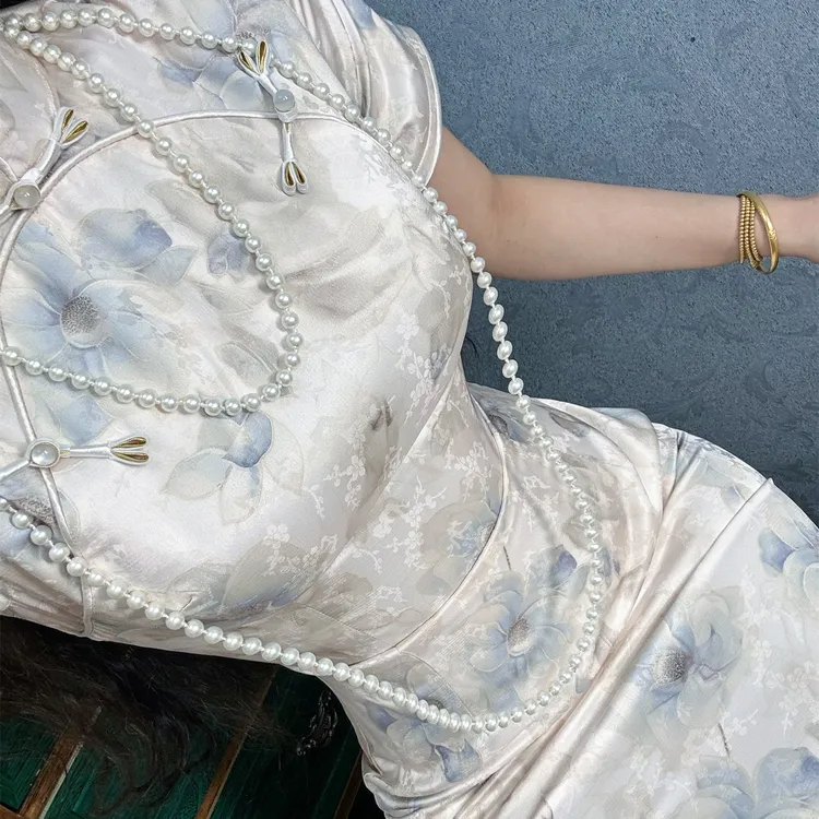 LHMknk1画报夫人原创自制新中式国风清冷感旗袍 蓝茶短袖