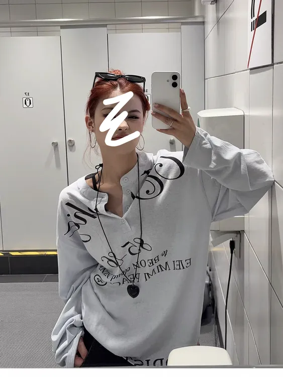 花生酱 半开领T恤女套头纽扣亨利领假日风早秋长袖慵懒风防晒ins