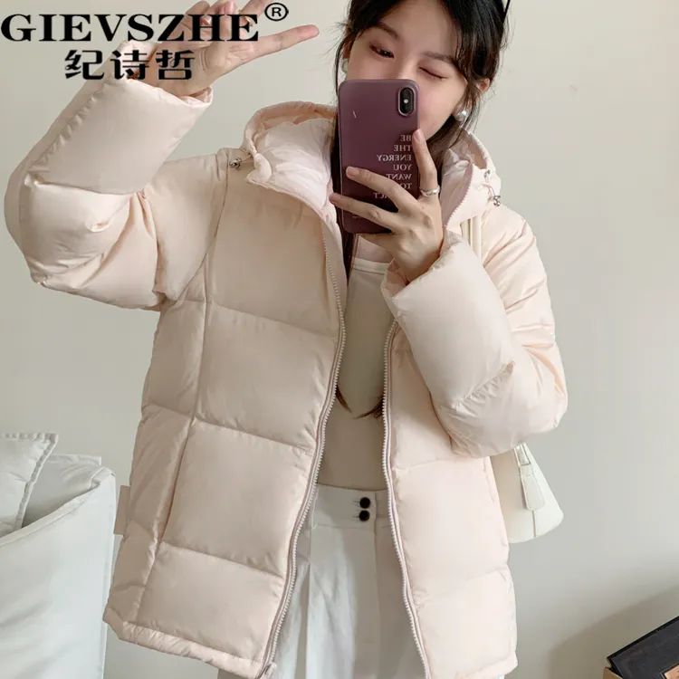 纪诗哲短款连帽羽绒服女2025新款冬季90白鸭绒面包服休闲百搭外套
