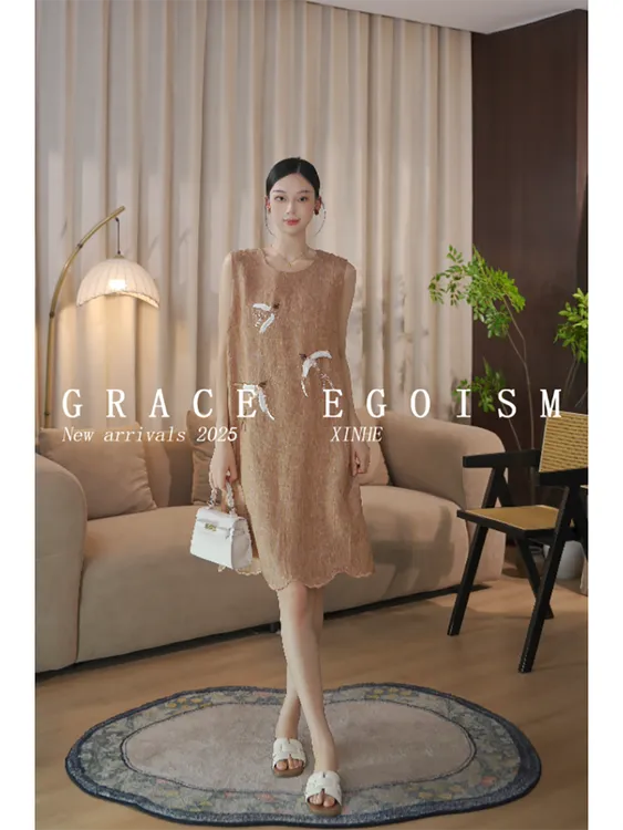 金禾【燕回时】折扣夏款国风亚麻重工珠片绣连衣裙3496