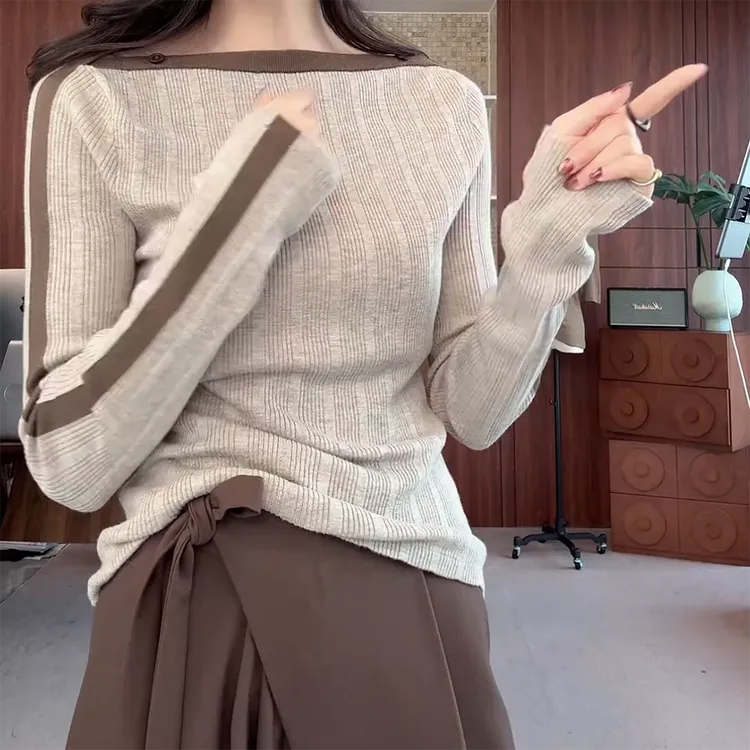 【优雅弧度】秋款上新长袖拼接修身套头针织衫C6026