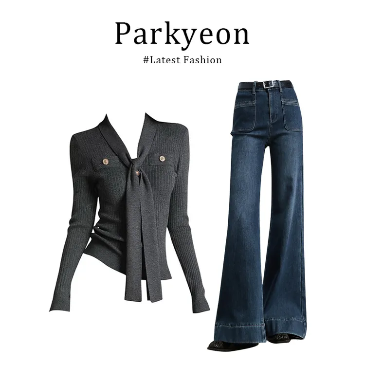 MARIE.COCO韩系巴恩风飘带v领长袖针织衫宽松气质牛仔裤秋冬套装