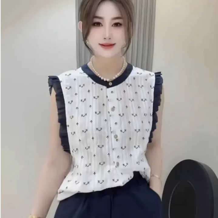 韩系高级感纯棉圆领木耳边无袖衬衫女夏季甜美减龄设计感背心上衣商品图