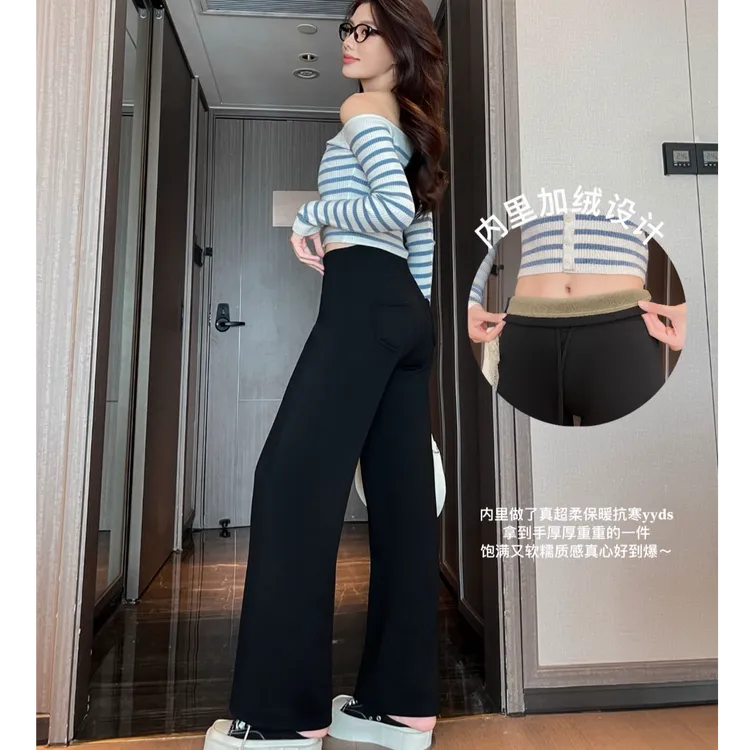 松弛感筒筒裤高腰加绒休闲显瘦百搭大码黑色裤子