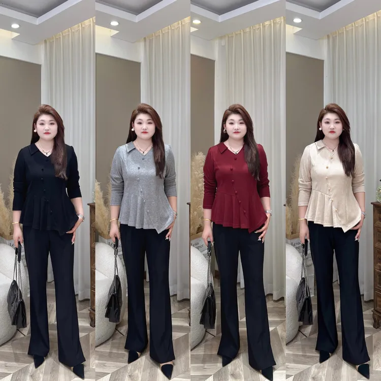【上新上衣】PMM82159早秋新款气质百搭V领捏褶收肚子上衣大码女装