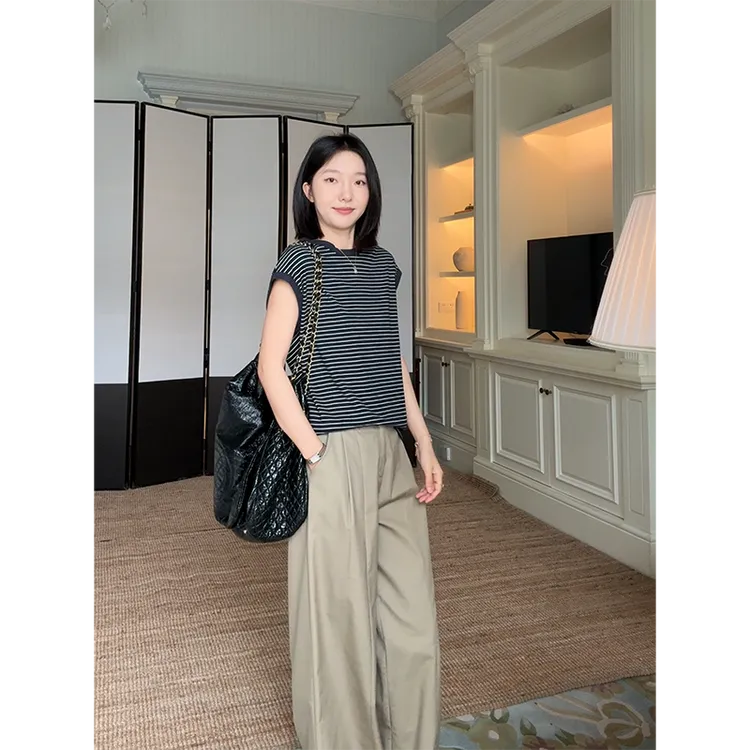 郭九九呢 棉质简约条纹圆领短袖上衣休闲直筒阔腿长裤 G925Y08187