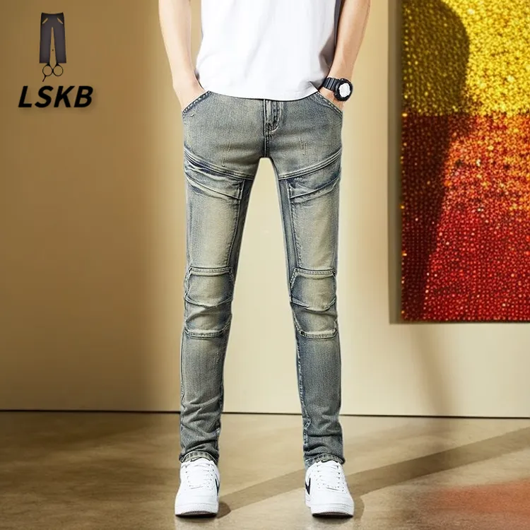 2025款美式秋冬季新款男士牛仔裤百搭拼接复古机车水洗痞帅男长裤