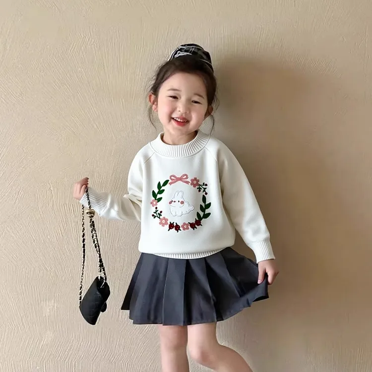 女童毛衣刺绣一体绒加厚森系儿童打底针织衫秋冬百搭保暖套头上衣