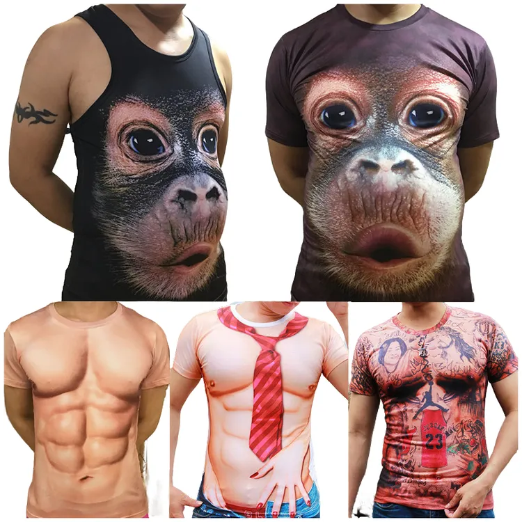 猴子假腹肌肉短袖t恤男个性大猩猩衣服3d立体创意上衣搞怪体图案