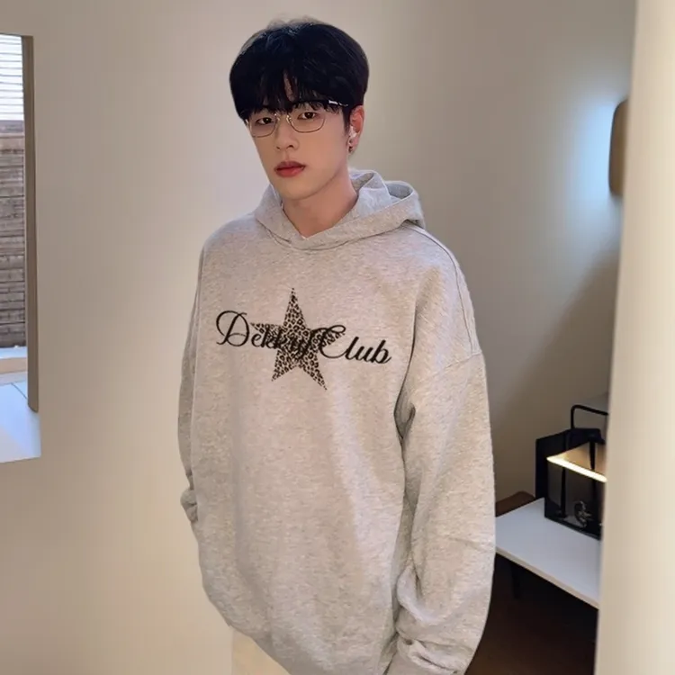 美式街头豹纹星星印花连帽卫衣男秋冬季潮牌百搭宽松情侣上衣外套